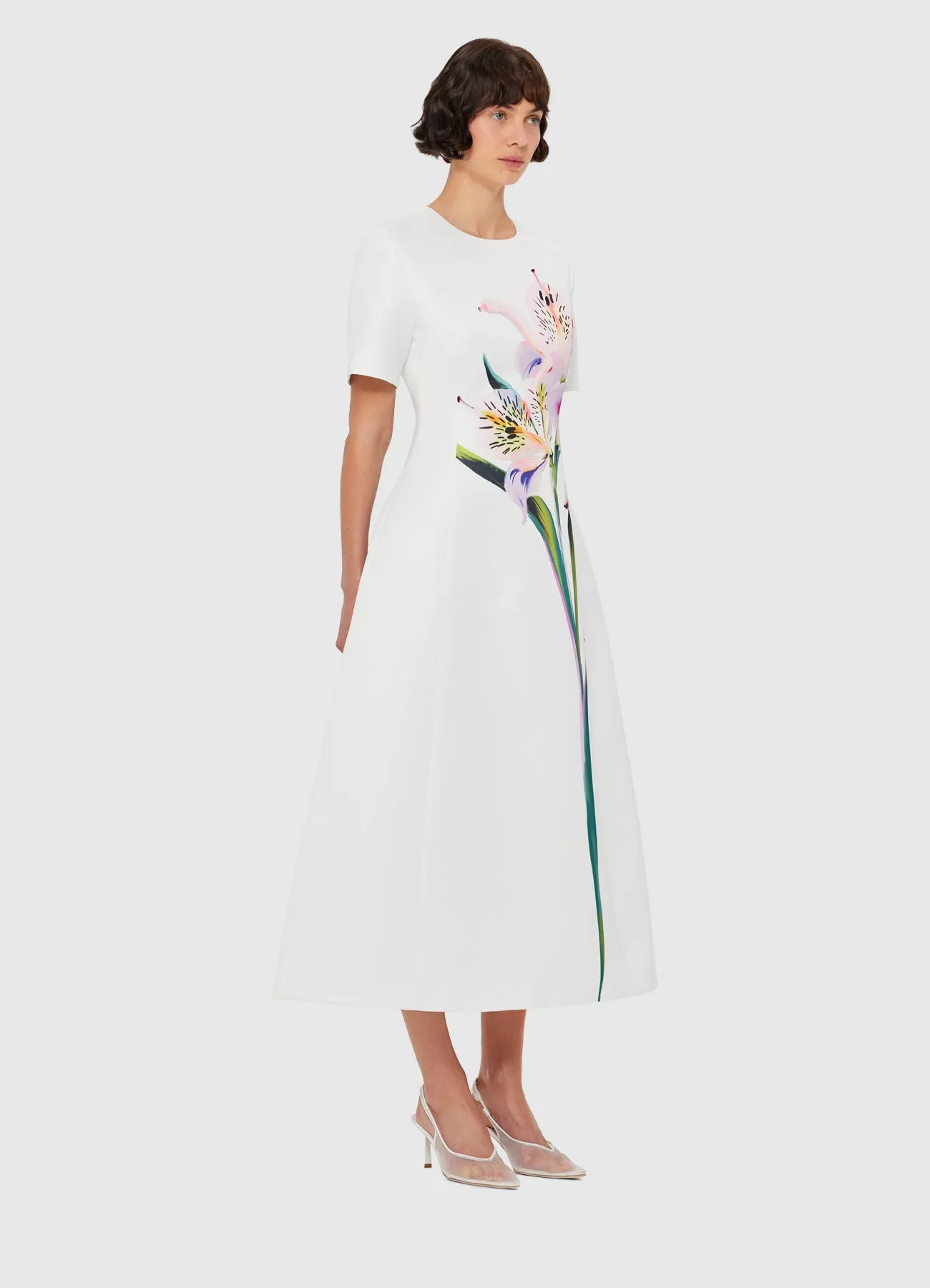 Caroline Short Sleeve Midi Dress - Lily Print in Snow sold by LEO LIN product image thumbnail 3