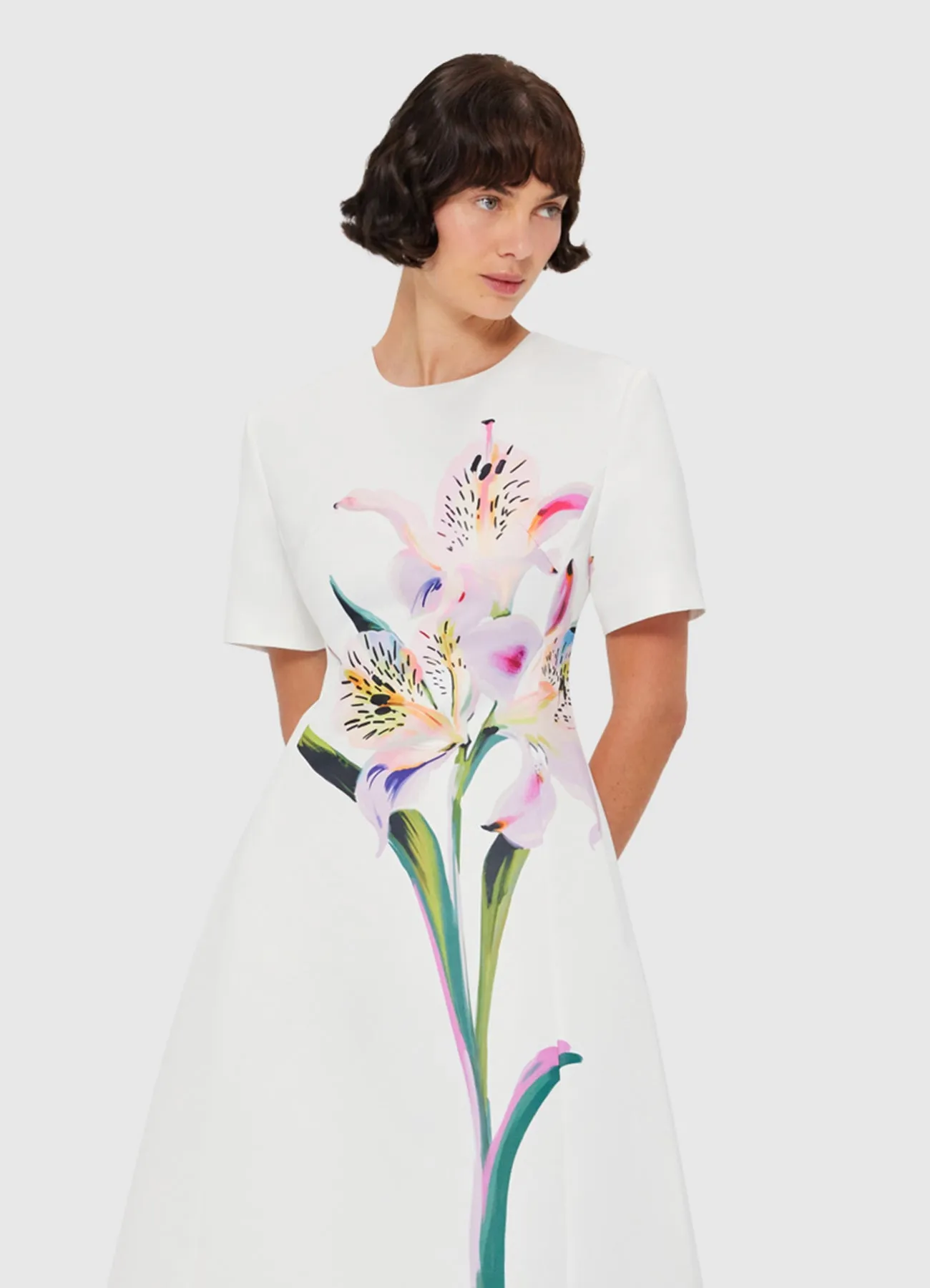 Caroline Short Sleeve Midi Dress - Lily Print in Snow sold by LEO LIN product image thumbnail 5