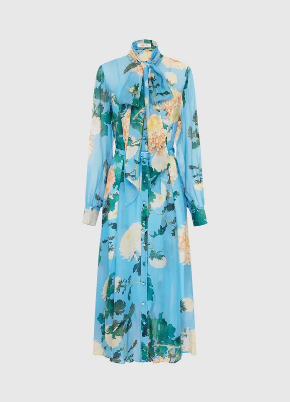 Liliane Tie Neck Midi Dress - Hydrangea Print in Cornflower Blue sold by LEO LIN