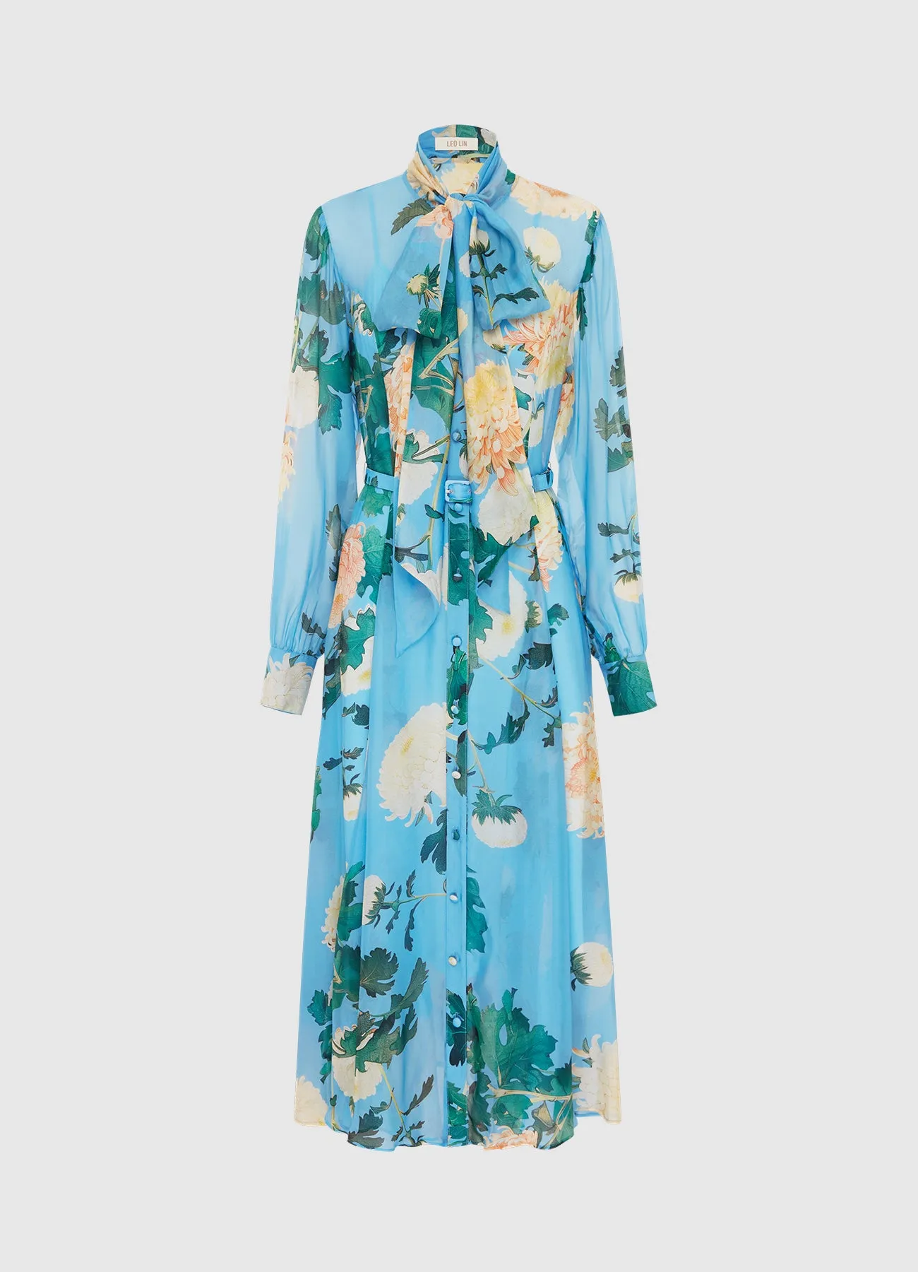 Liliane Tie Neck Midi Dress - Hydrangea Print in Cornflower Blue sold by LEO LIN
