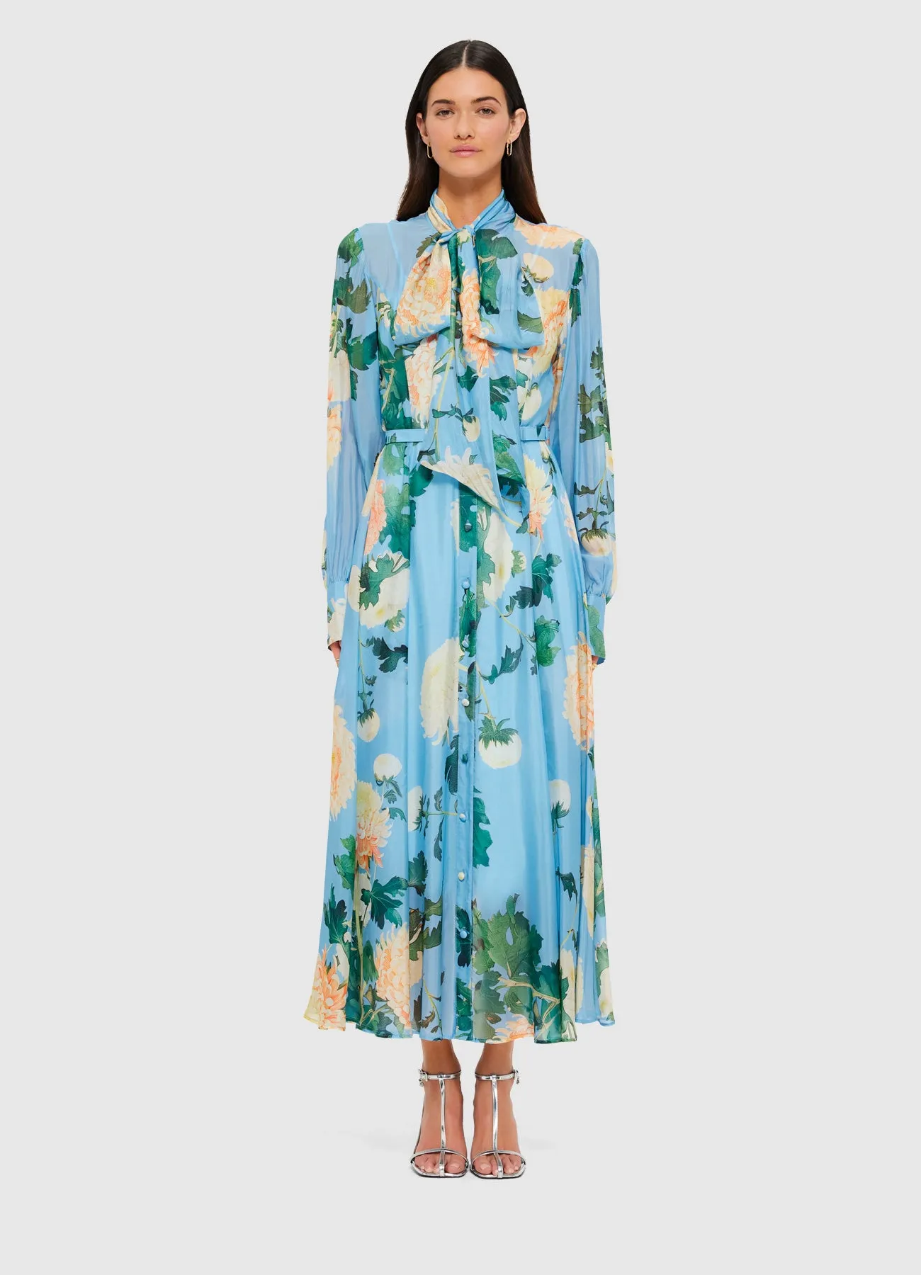 Liliane Tie Neck Midi Dress - Hydrangea Print in Cornflower Blue sold by LEO LIN product image thumbnail 2