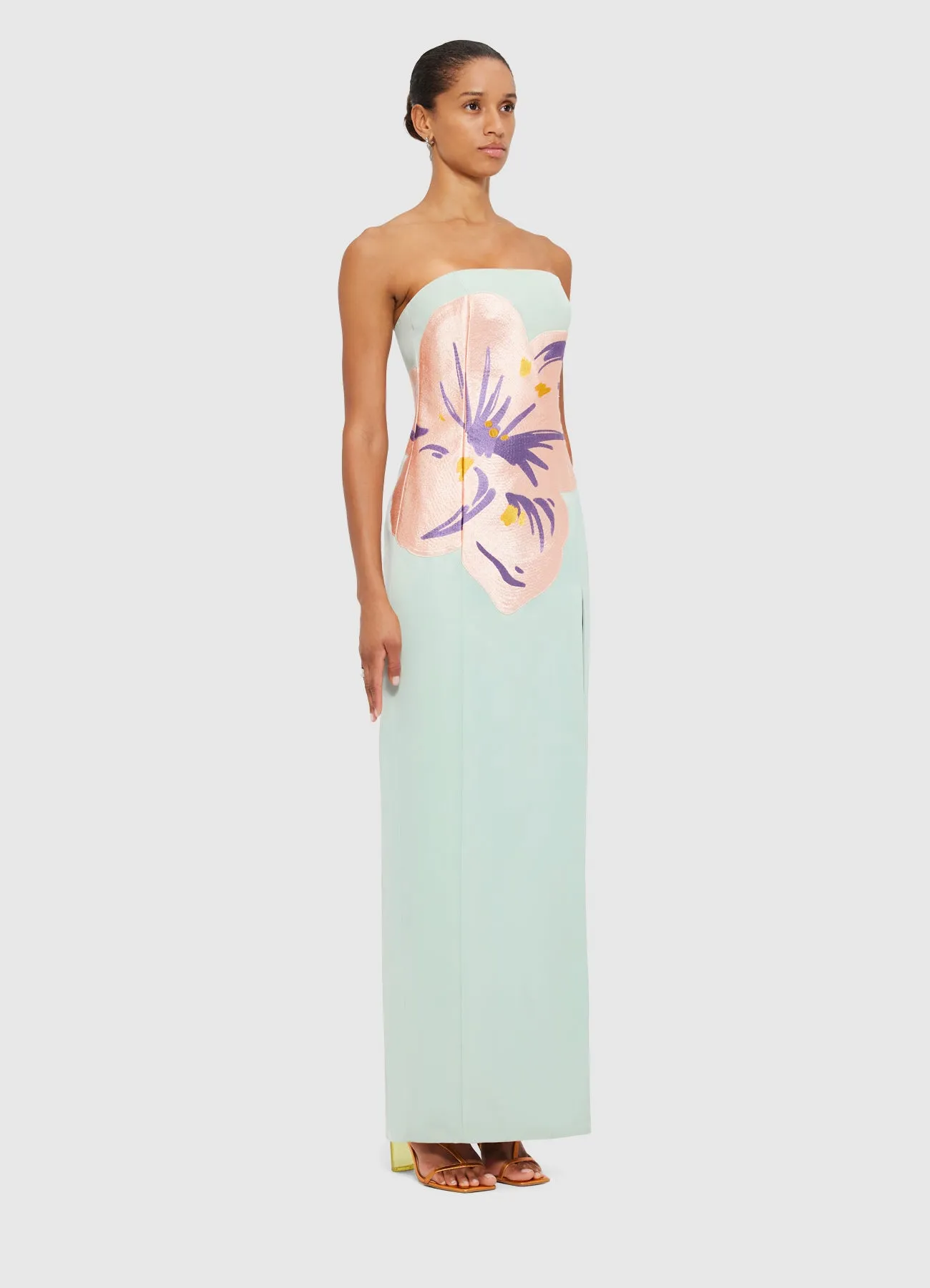 Clemence Embroidered Split Maxi Dress - Hibiscus in Pistachio sold by LEO LIN product image thumbnail 3