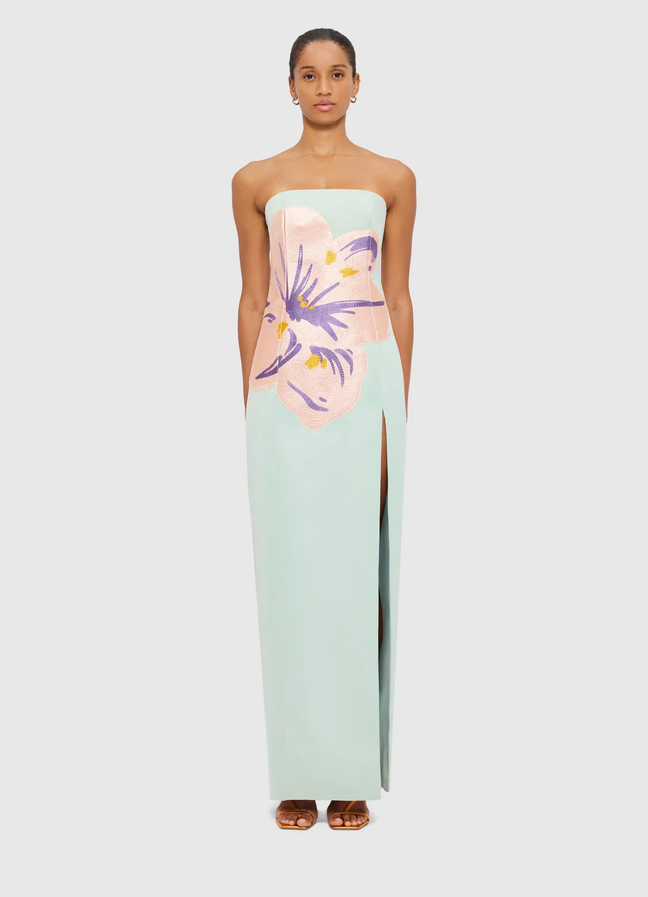 Clemence Embroidered Split Maxi Dress - Hibiscus in Pistachio sold by LEO LIN product image thumbnail 2