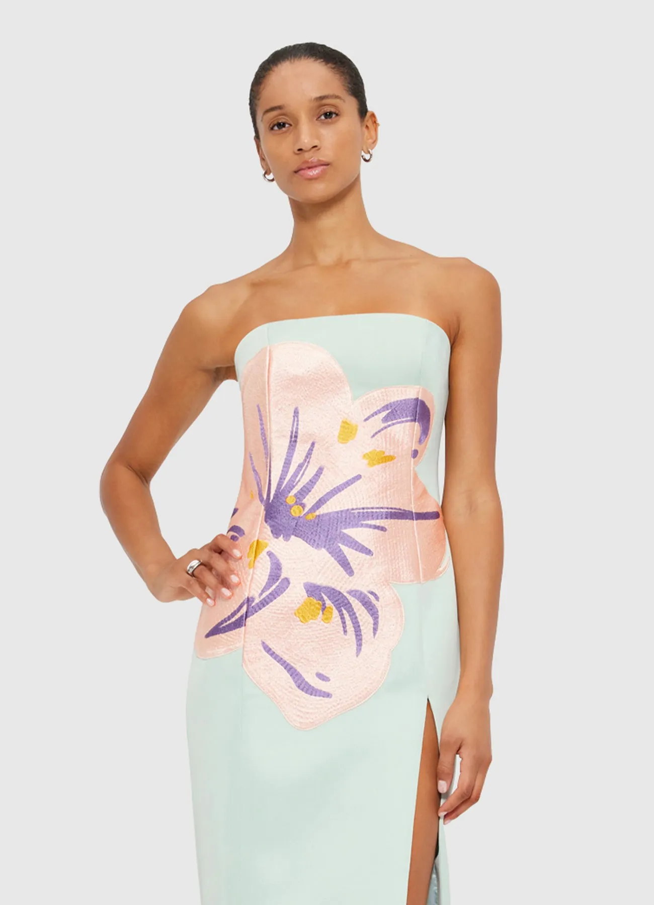 Clemence Embroidered Split Maxi Dress - Hibiscus in Pistachio sold by LEO LIN product image thumbnail 5