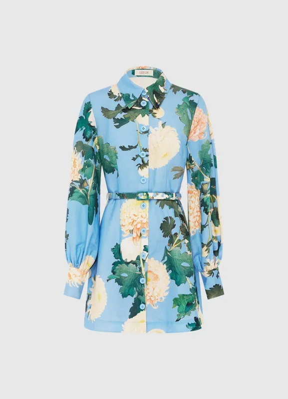 Luminous Linen Mini Dress - Hydrangea Print in Cornflower Blue sold by LEO LIN