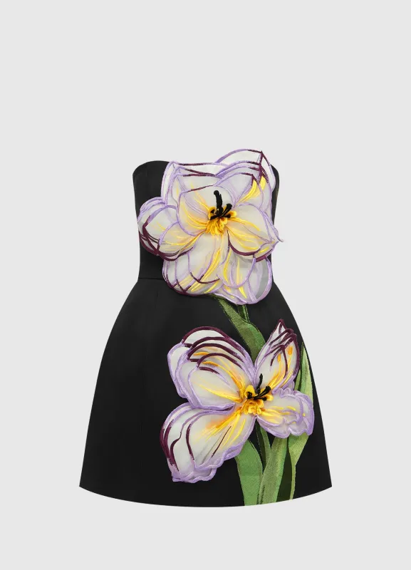 Rosario Appliqué Floral Bustier Mini Dress - Iris Print in Ebony sold by LEO LIN