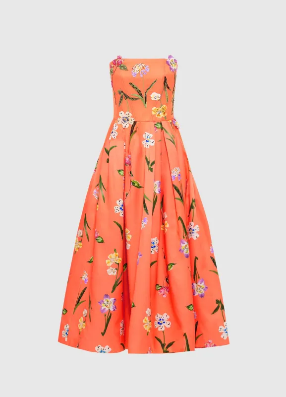 Lynn Bustier Midi Dress - Wild Flower in Coral sold by LEO LIN