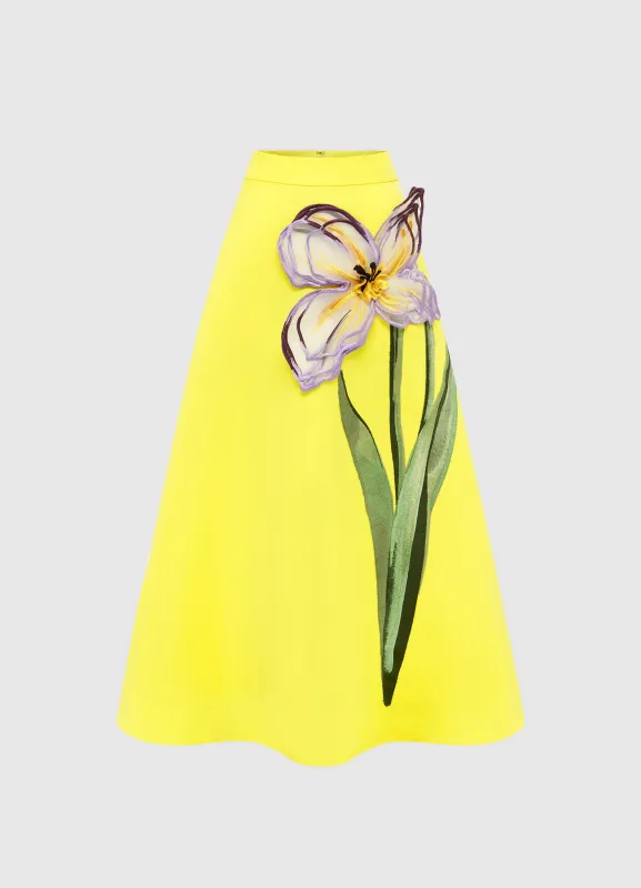 Rafaela Appliqué Maxi Skirt - Iris Print in Yellow sold by LEO LIN