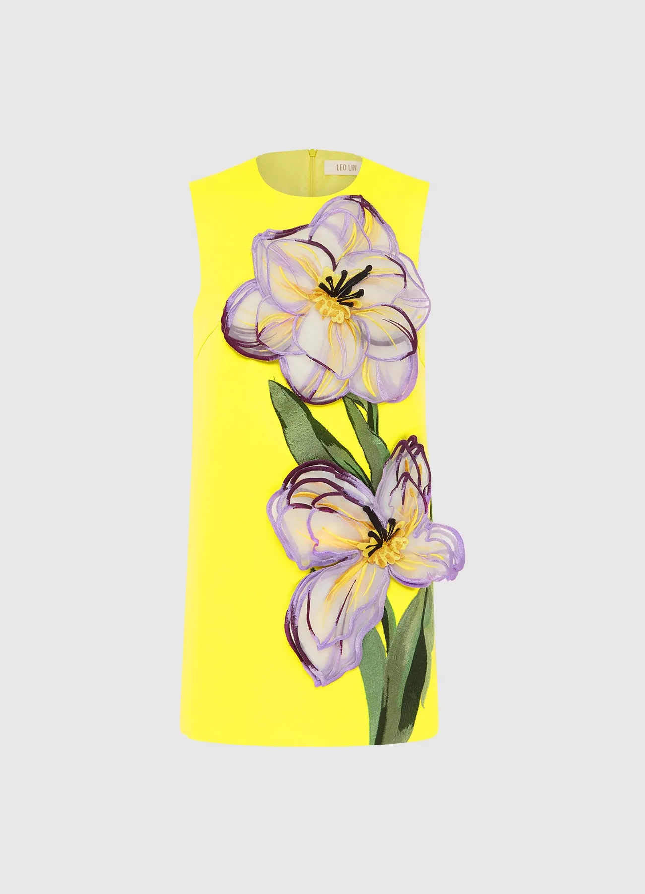 Yvonne Appliqué Floral Mini Dress - Iris Print in Yellow sold by LEO LIN