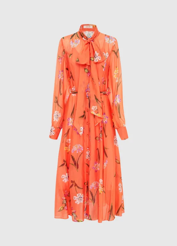 Liliane Tie Neck Midi Dress - Wild Flower in Coral sold by LEO LIN