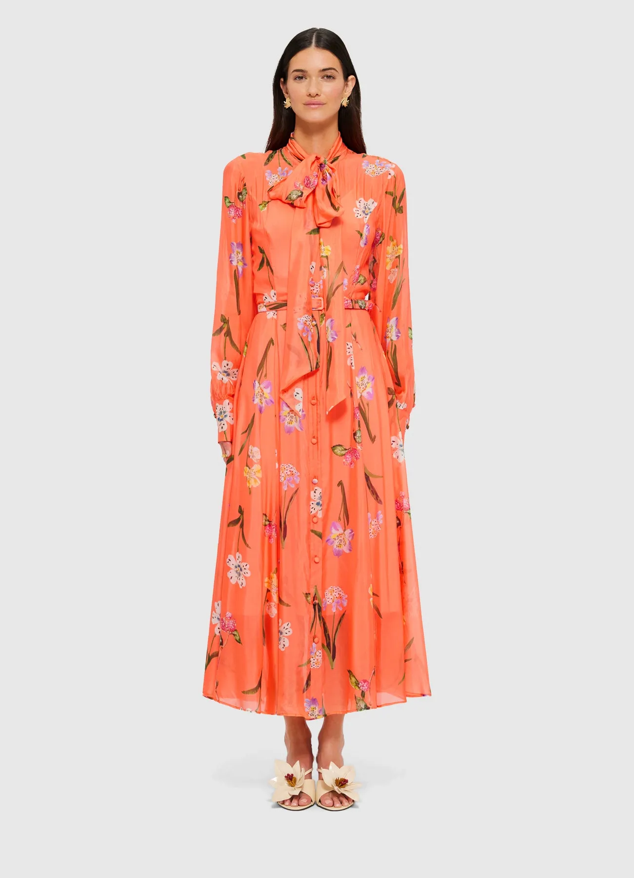 Liliane Tie Neck Midi Dress - Wild Flower in Coral sold by LEO LIN product image thumbnail 2