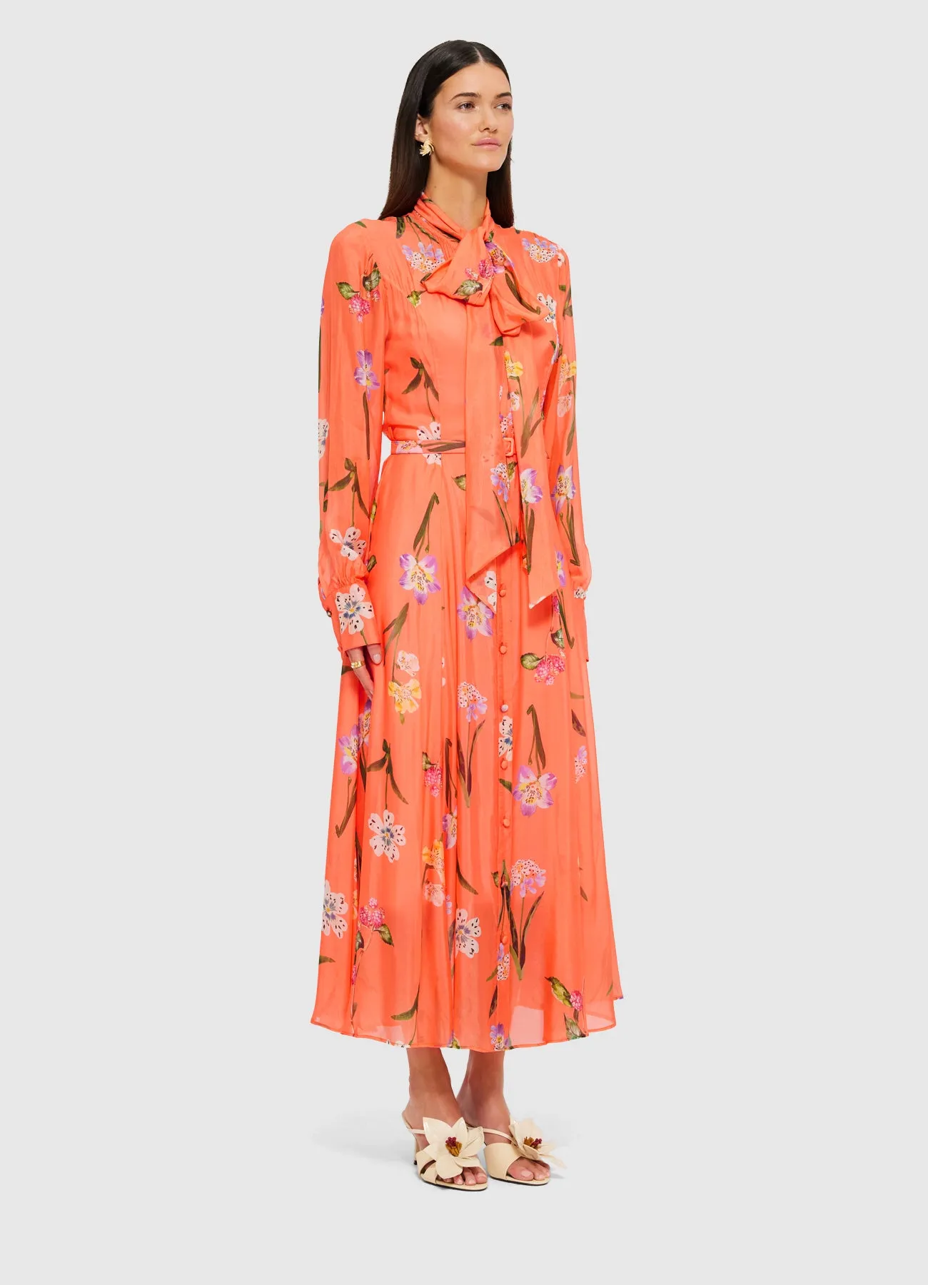 Liliane Tie Neck Midi Dress - Wild Flower in Coral sold by LEO LIN product image thumbnail 3