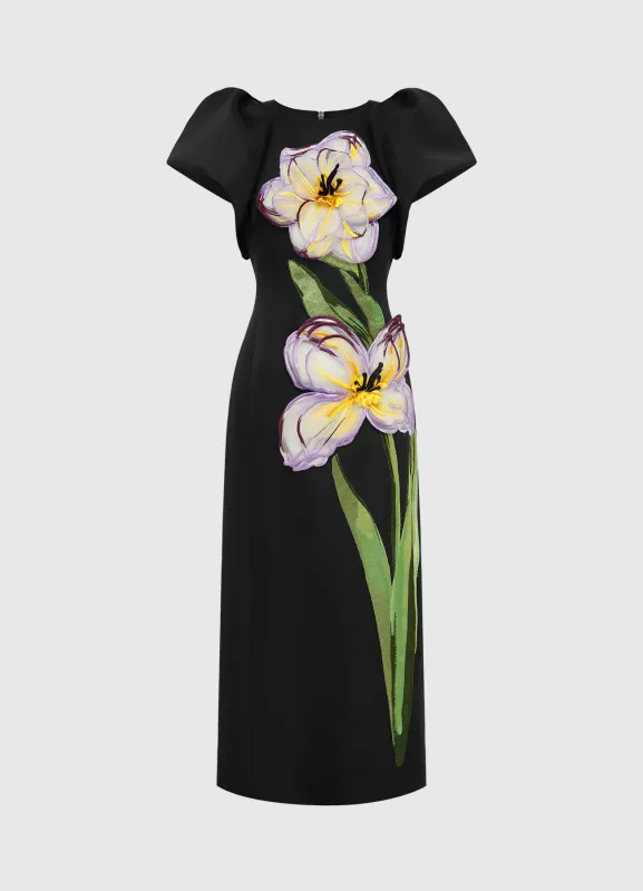 Lucinda Appliqué Floral Maxi Dress - Iris Print in Ebony sold by LEO LIN