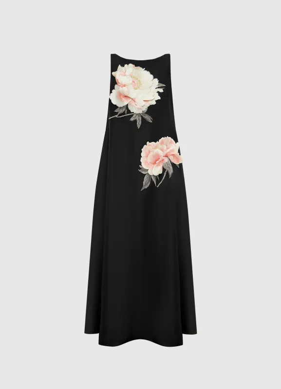 Yumei Appliqué Floral Open Back Gown - Onyx sold by LEO LIN