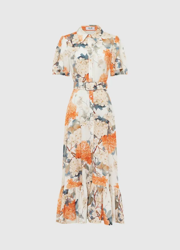 Becca Short Sleeve Midi Dress - Hydrangea Print in Vanilla sold by LEO LIN
