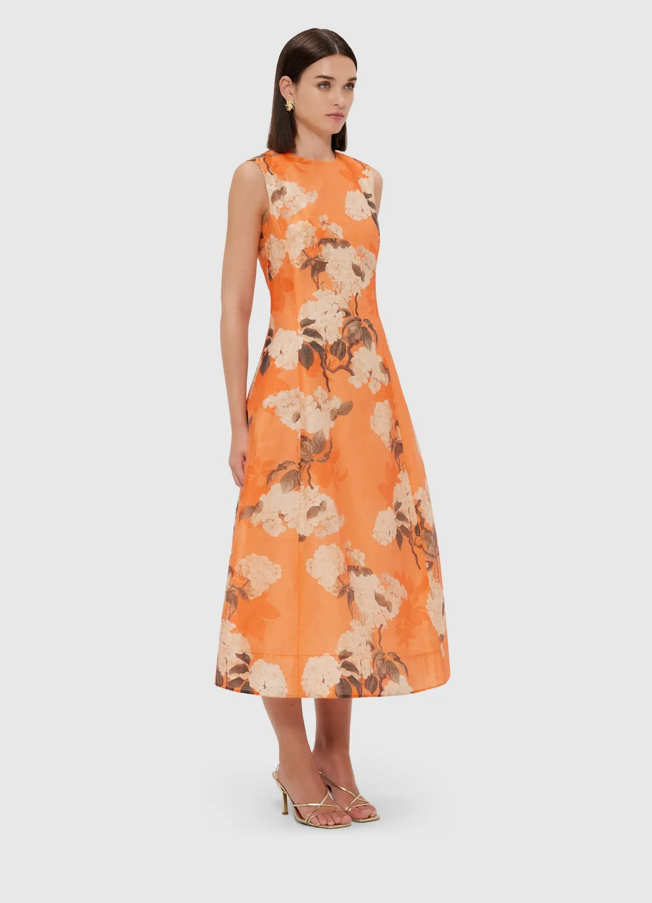 Cleo Printed Sleeveless Midi Dress - Hydrangea in Tangerine sold by LEO LIN product image thumbnail 3