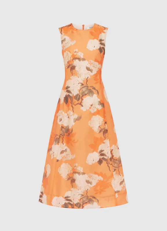 Cleo Printed Sleeveless Midi Dress - Hydrangea in Tangerine sold by LEO LIN