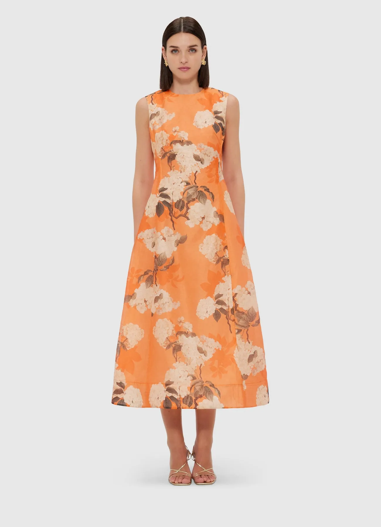 Cleo Printed Sleeveless Midi Dress - Hydrangea in Tangerine sold by LEO LIN product image thumbnail 2