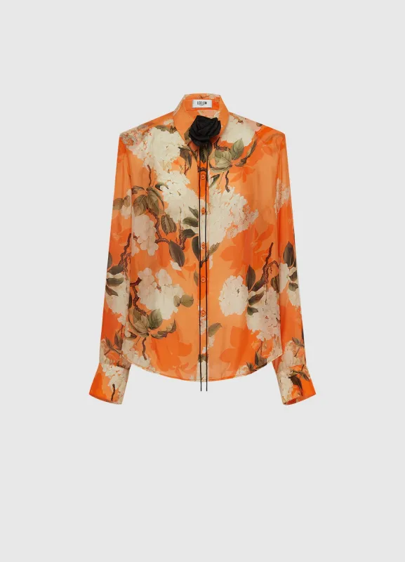 Della Blouse - Hydrangea Print in Tangerine sold by LEO LIN
