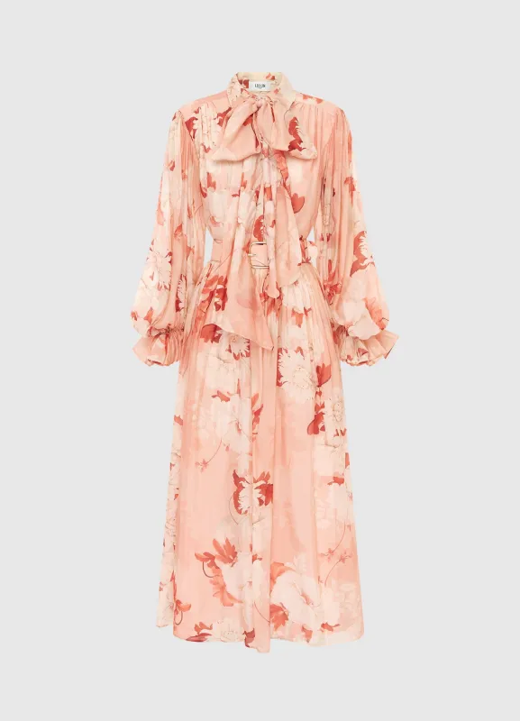 Cassie Tie Neck Midi Dress - Peony Print sold by LEO LIN