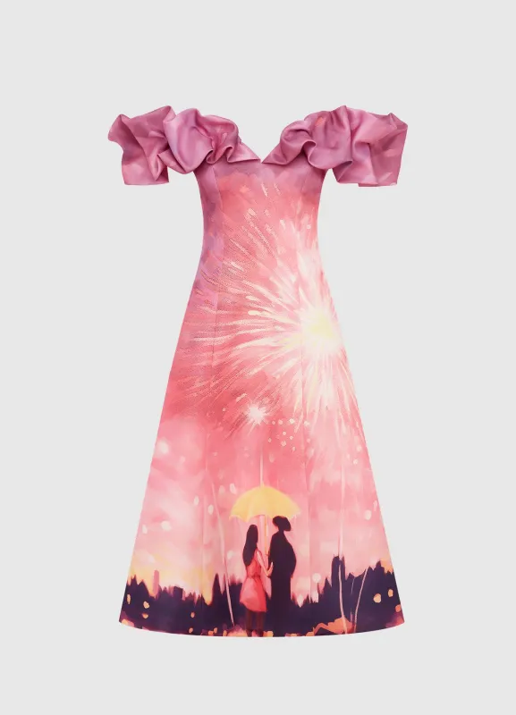 Annie Off Shoulder Frill Midi Dress - Afterglow Print sold by LEO LIN