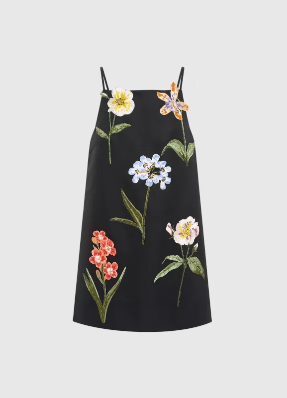 Leia Embroidered Mini Dress - Botanical Print in Ebony sold by LEO LIN