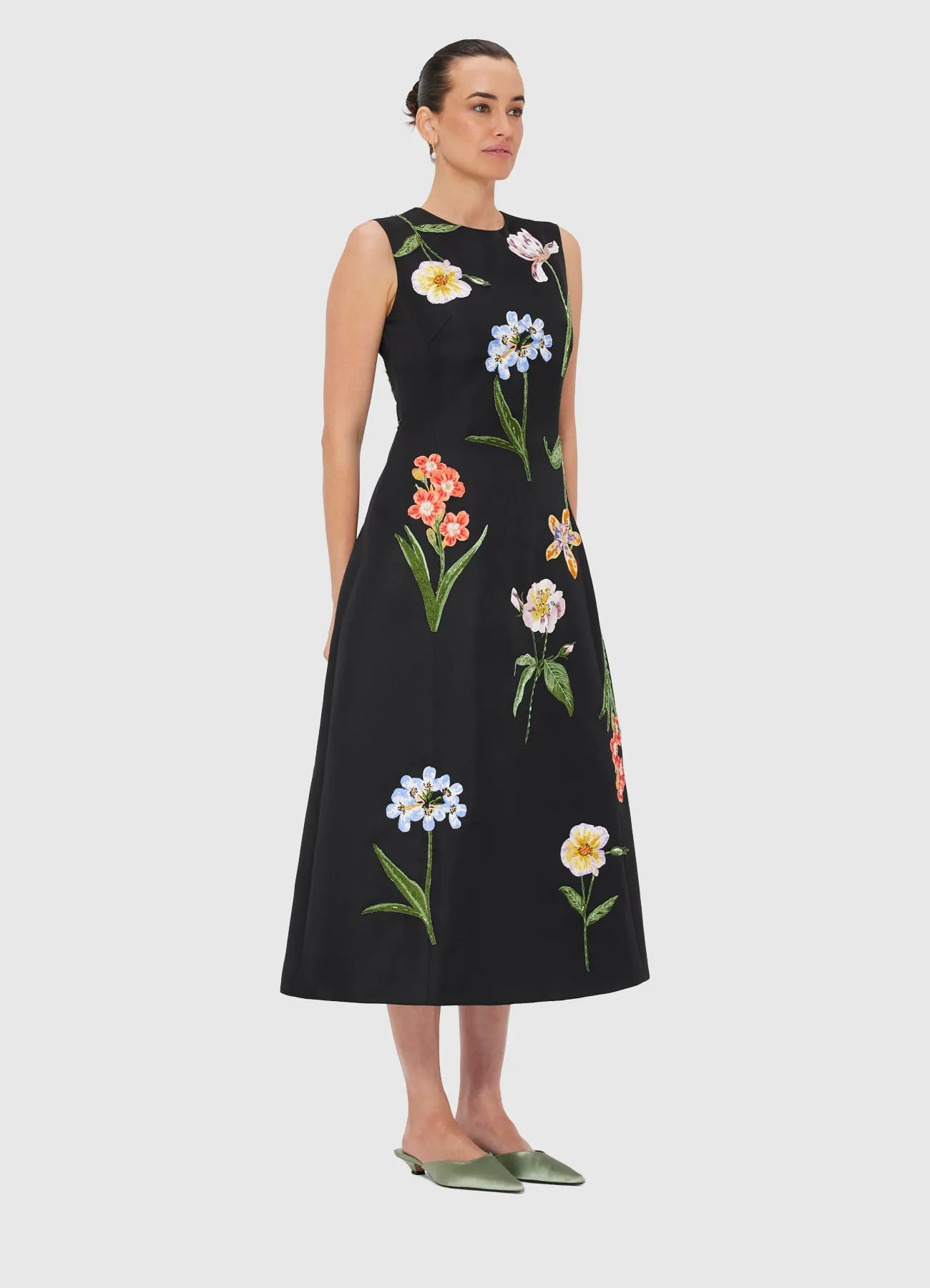 Cleo Embroidered Sleeveless Midi Dress - Botanical Print in Ebony sold by LEO LIN product image thumbnail 3