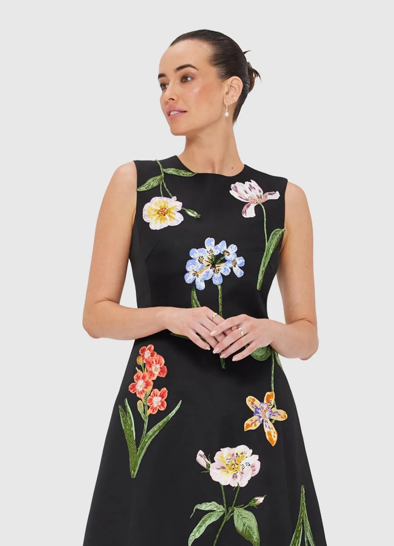 Cleo Embroidered Sleeveless Midi Dress - Botanical Print in Ebony sold by LEO LIN product image thumbnail 5