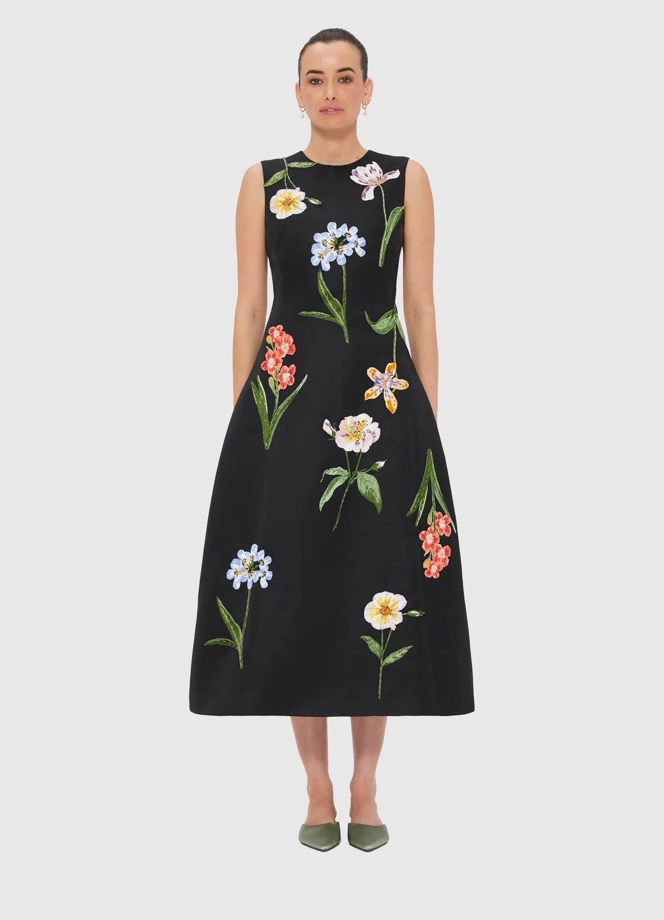 Cleo Embroidered Sleeveless Midi Dress - Botanical Print in Ebony sold by LEO LIN product image thumbnail 2