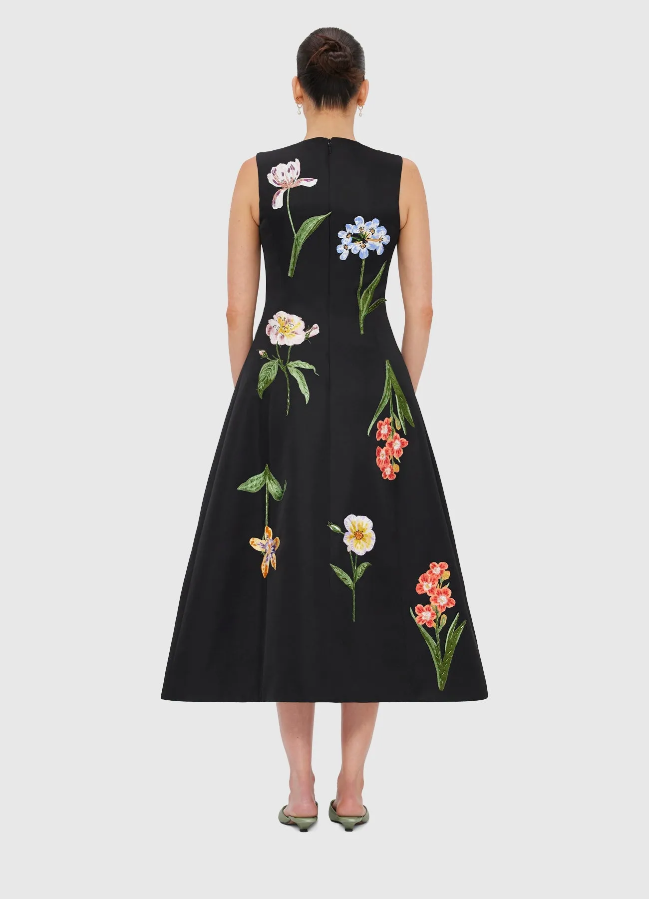 Cleo Embroidered Sleeveless Midi Dress - Botanical Print in Ebony sold by LEO LIN product image thumbnail 4