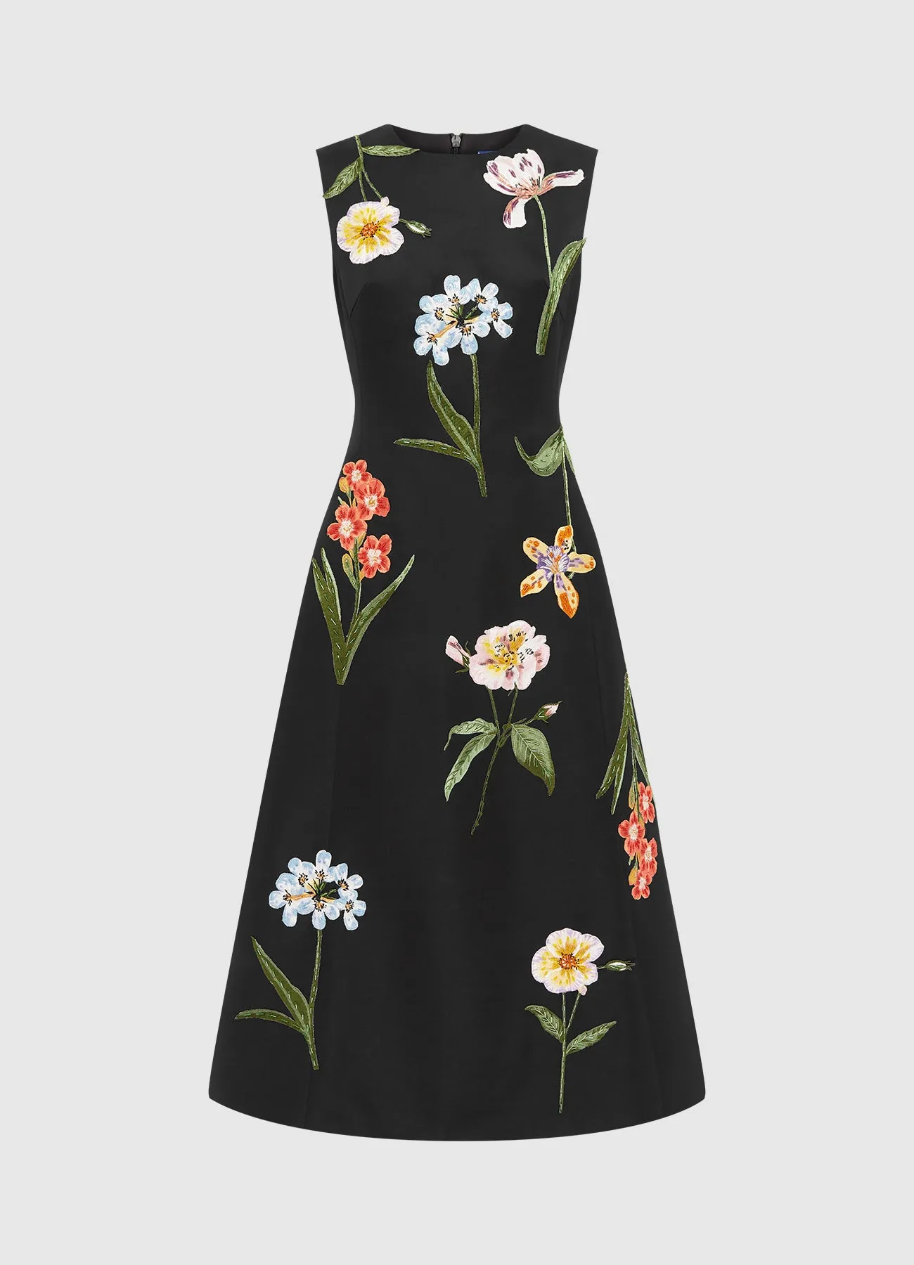 Cleo Embroidered Sleeveless Midi Dress - Botanical Print in Ebony sold by LEO LIN