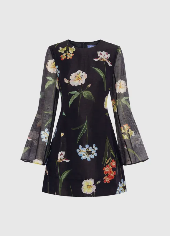 Suzanne Bell Sleeve Mini Dress - Botanical Print in Ebony sold by LEO LIN