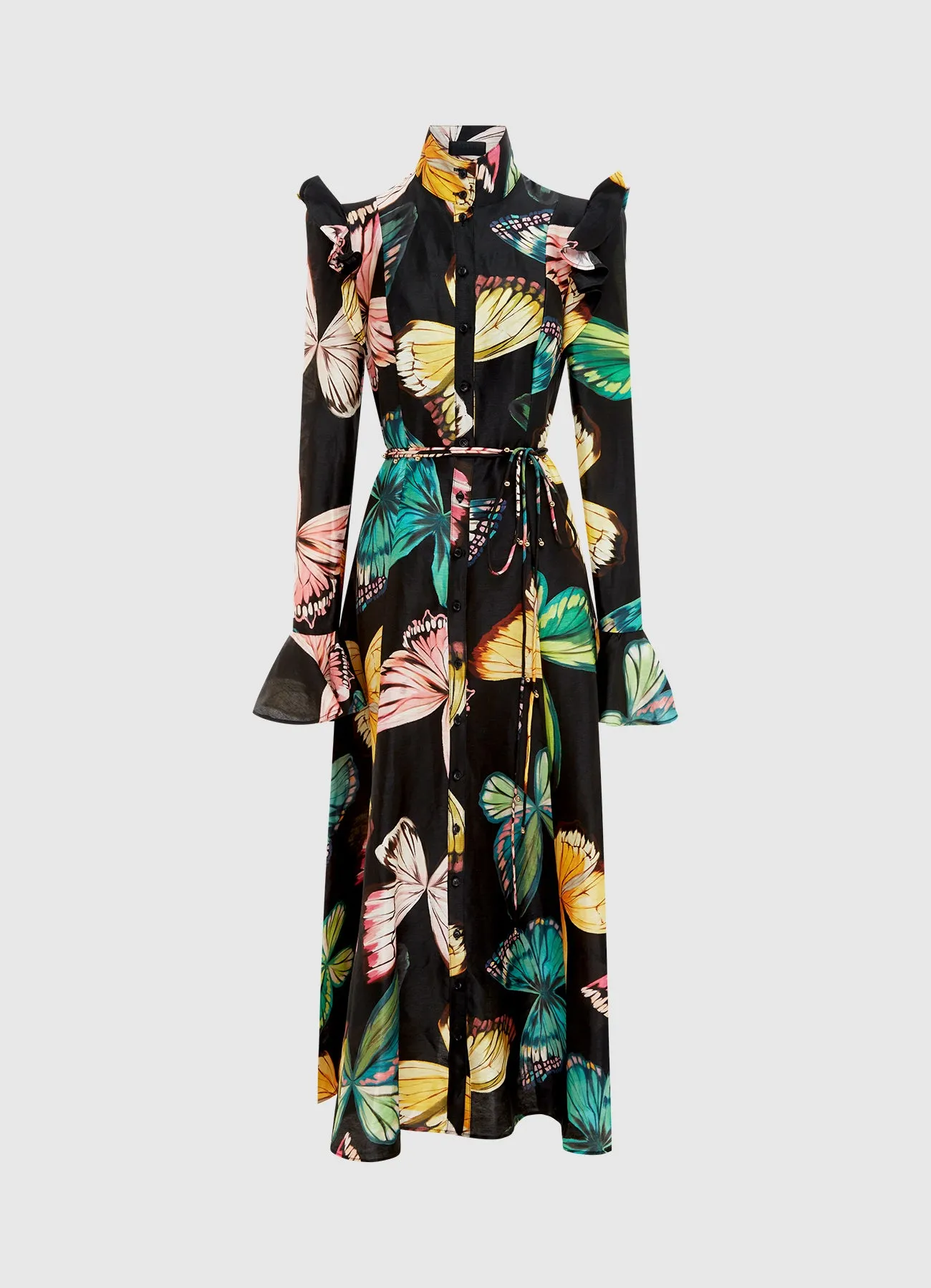 Katrina Butterfly Sleeve Midi Dress - Papillon Print in Black sold by LEO LIN