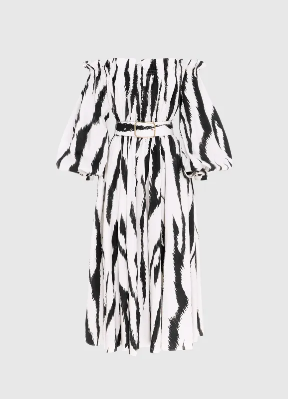 Sarah Off-Shoulder Midi Dress - Tiger Print in White sold by LEO LIN
