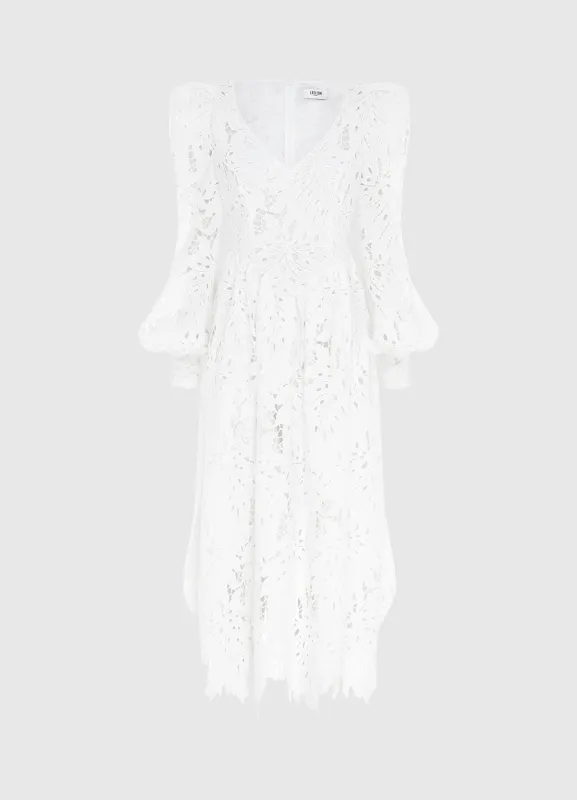Lilah Lace Structured Shoulder V Neck Dress - Snow sold by LEO LIN