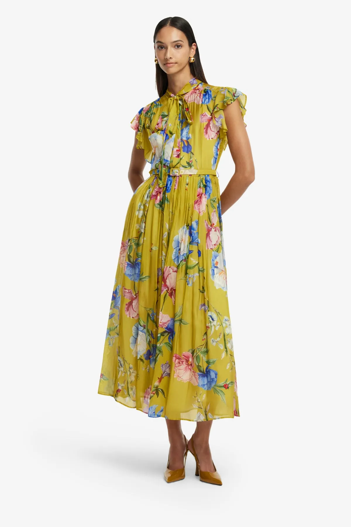 Grace Flutter Sleeve Midi Dress - Garden Print in Mustard sold by LEO LIN product image thumbnail 3