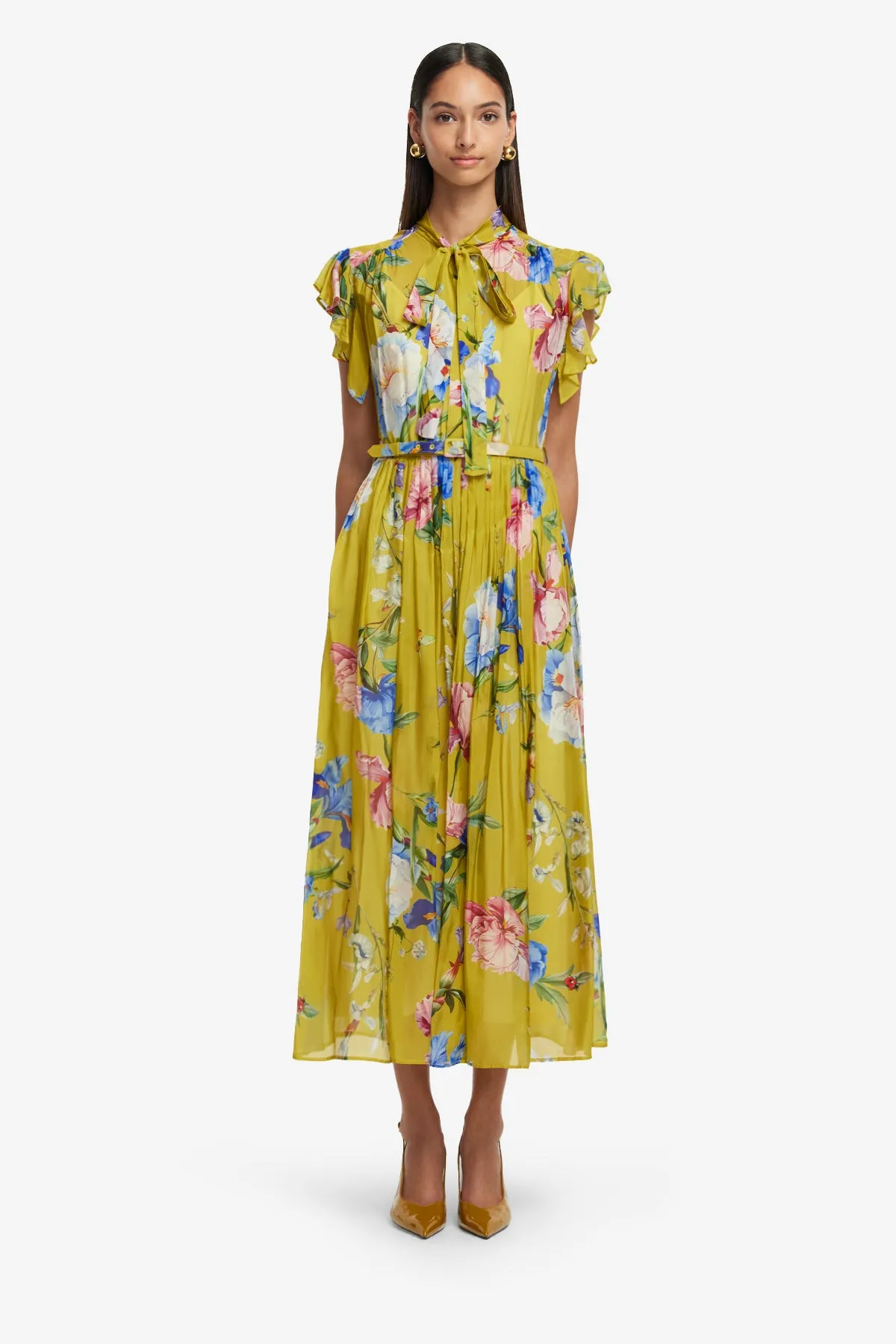 Grace Flutter Sleeve Midi Dress - Garden Print in Mustard sold by LEO LIN product image thumbnail 2