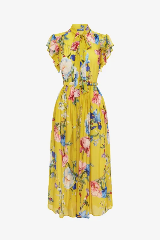 Grace Flutter Sleeve Midi Dress - Garden Print in Mustard sold by LEO LIN