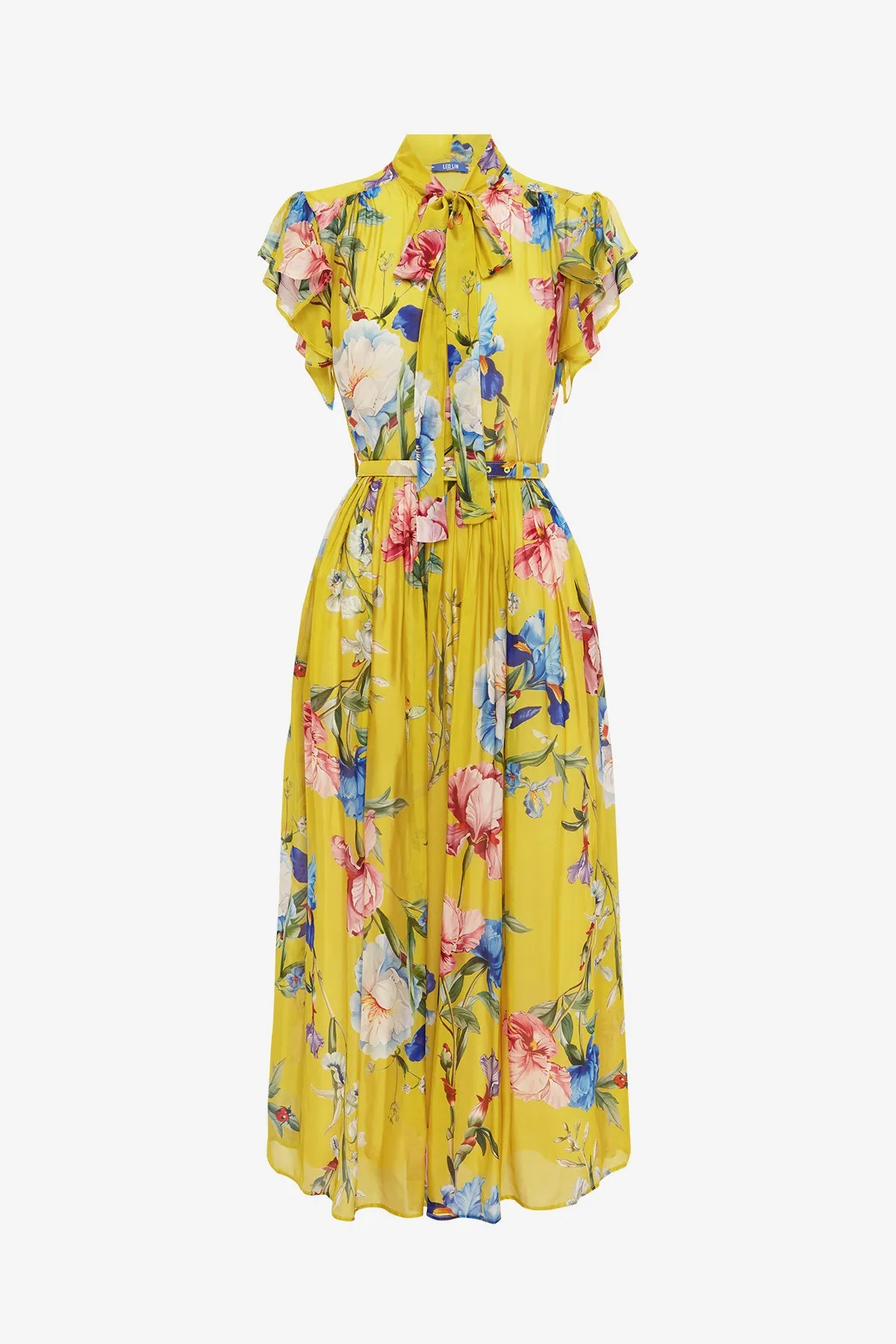 Grace Flutter Sleeve Midi Dress - Garden Print in Mustard sold by LEO LIN