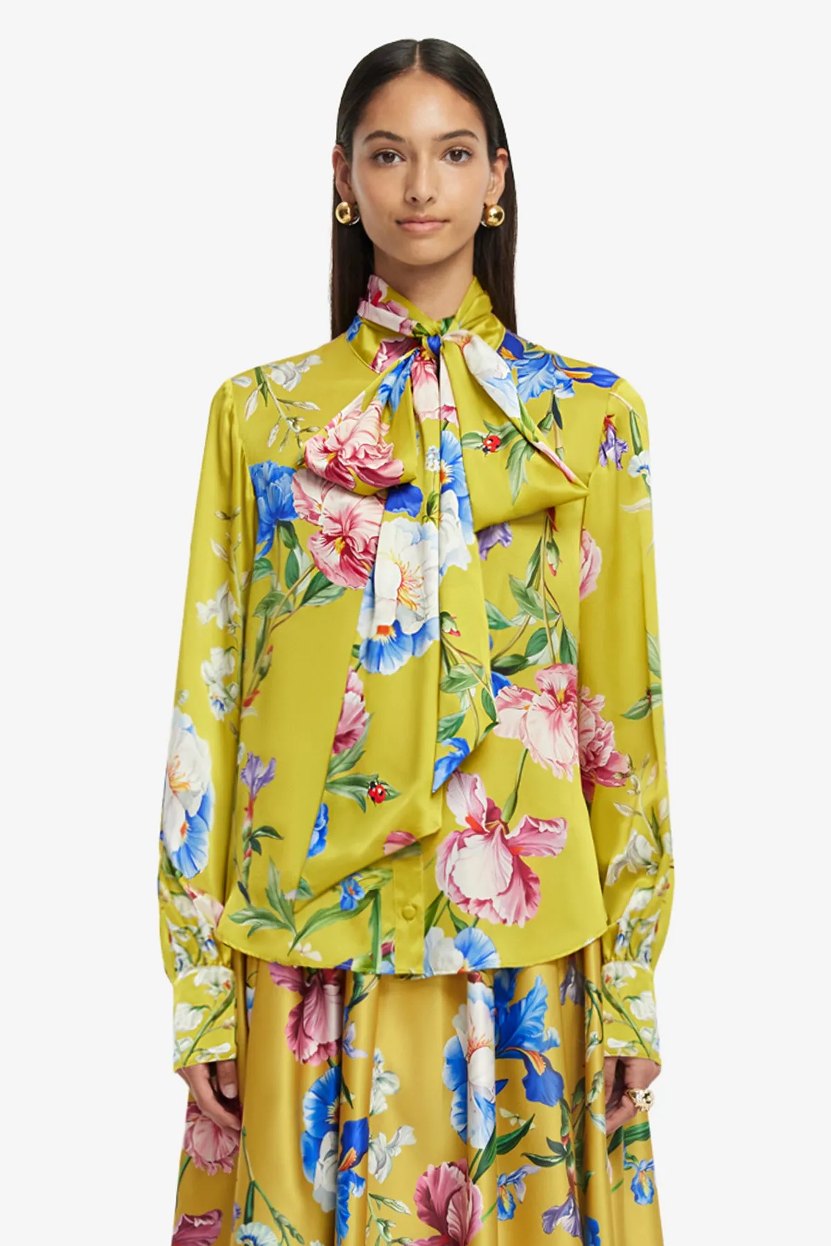 Freya Tie Neck Silk Blouse - Garden Print in Mustard sold by LEO LIN product image thumbnail 2