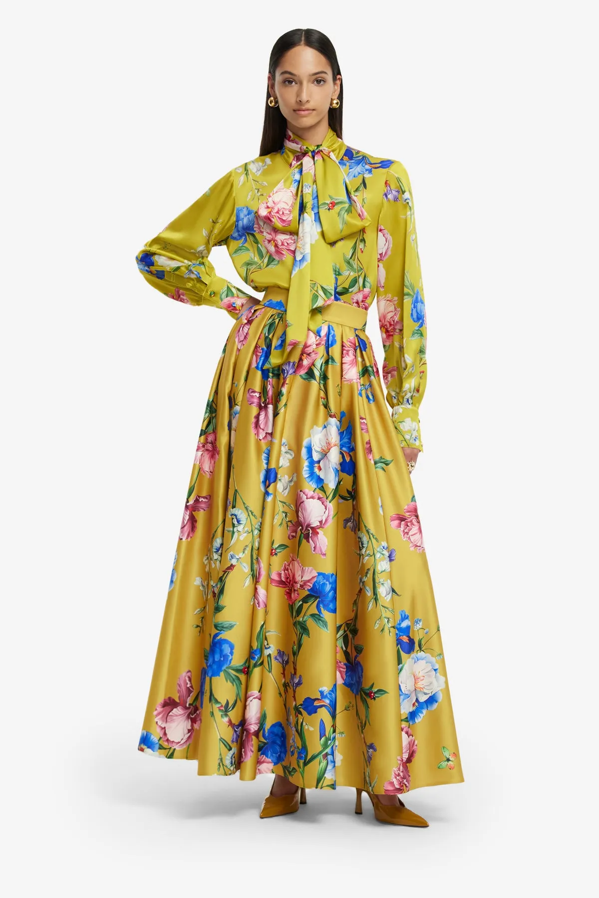 Freya Tie Neck Silk Blouse - Garden Print in Mustard sold by LEO LIN product image thumbnail 3