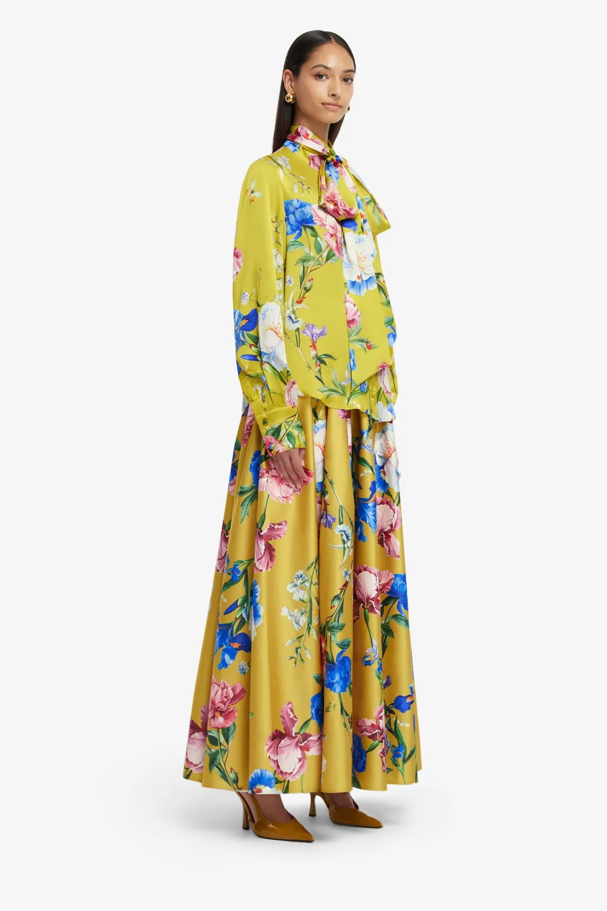 Freya Tie Neck Silk Blouse - Garden Print in Mustard sold by LEO LIN product image thumbnail 4