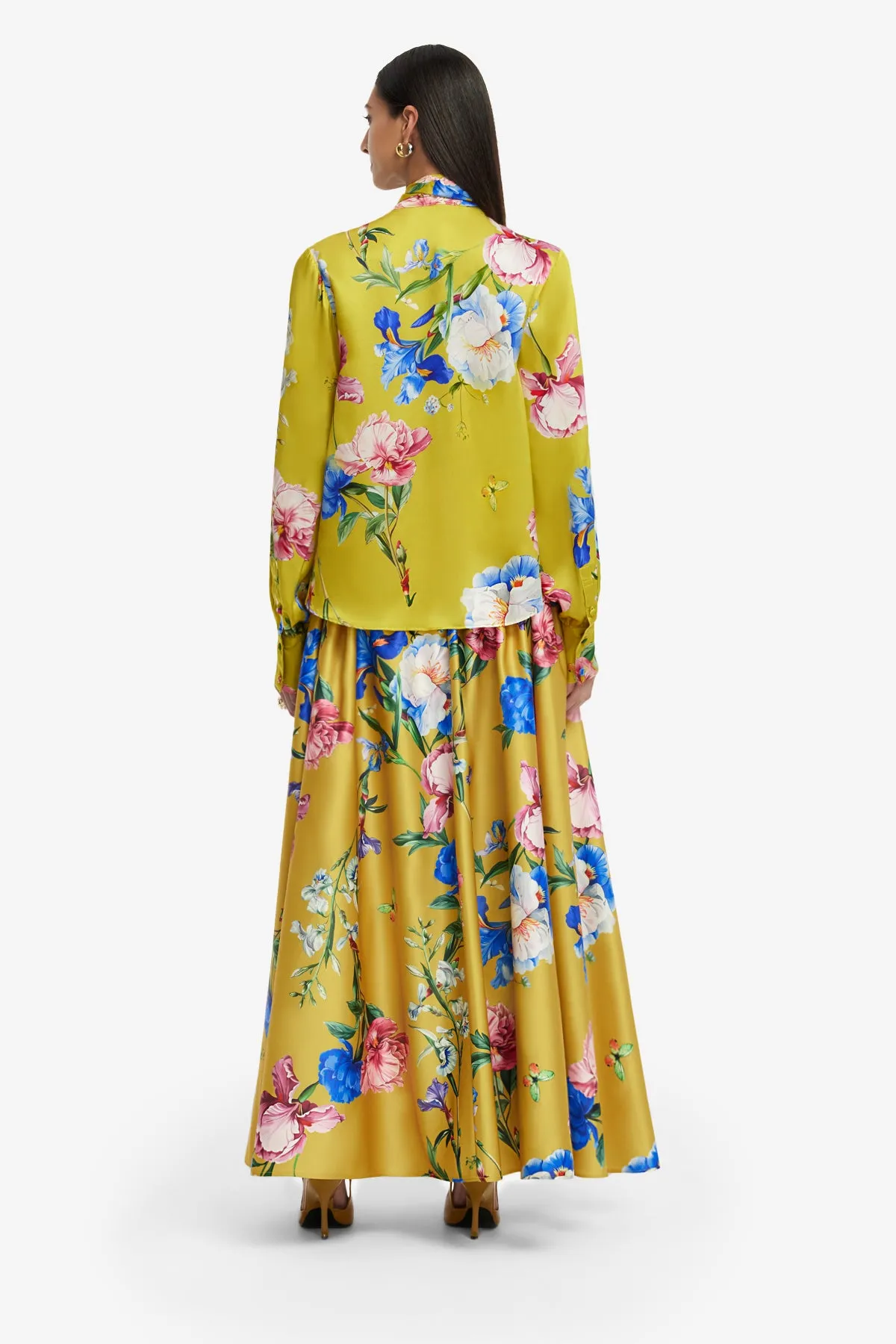 Freya Tie Neck Silk Blouse - Garden Print in Mustard sold by LEO LIN product image thumbnail 5