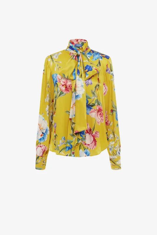Freya Tie Neck Silk Blouse - Garden Print in Mustard sold by LEO LIN