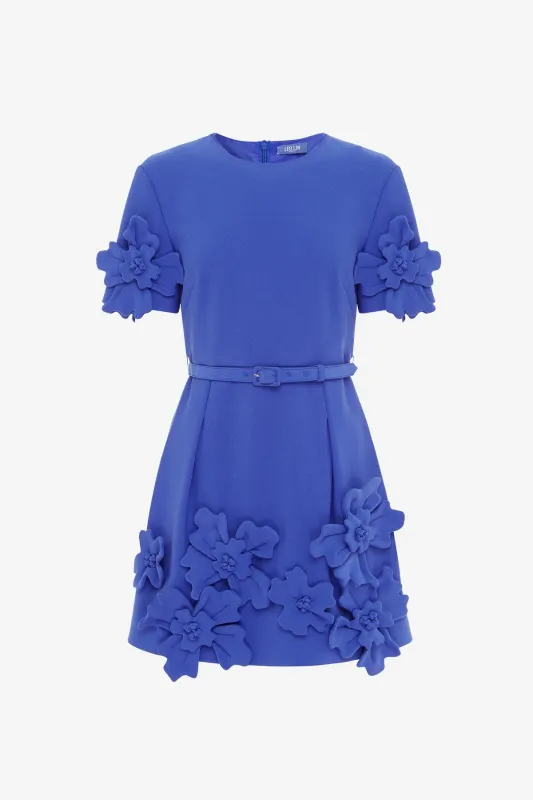 Aurelie Floral Appliqué Short Sleeve Mini Dress - Lapis sold by LEO LIN