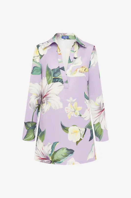 Acacia Shirt Mini Dress - Lily Blossom Print in Lilac sold by LEO LIN