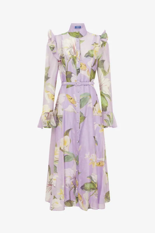 Katrina Butterfly Sleeve Midi Dress - Lily Blossom Print in Lilac sold by LEO LIN