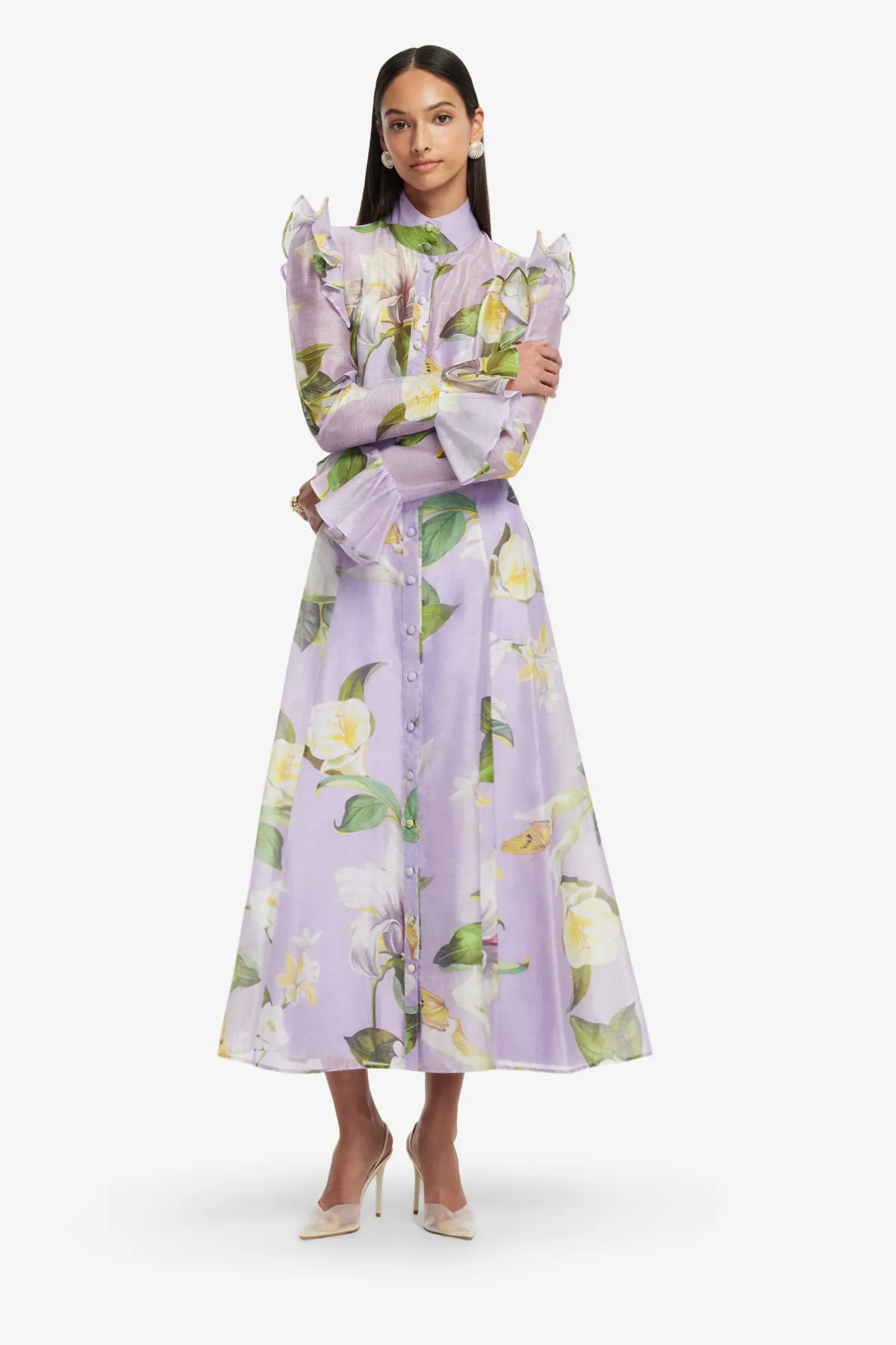 Katrina Butterfly Sleeve Midi Dress - Lily Blossom Print in Lilac sold by LEO LIN product image thumbnail 3