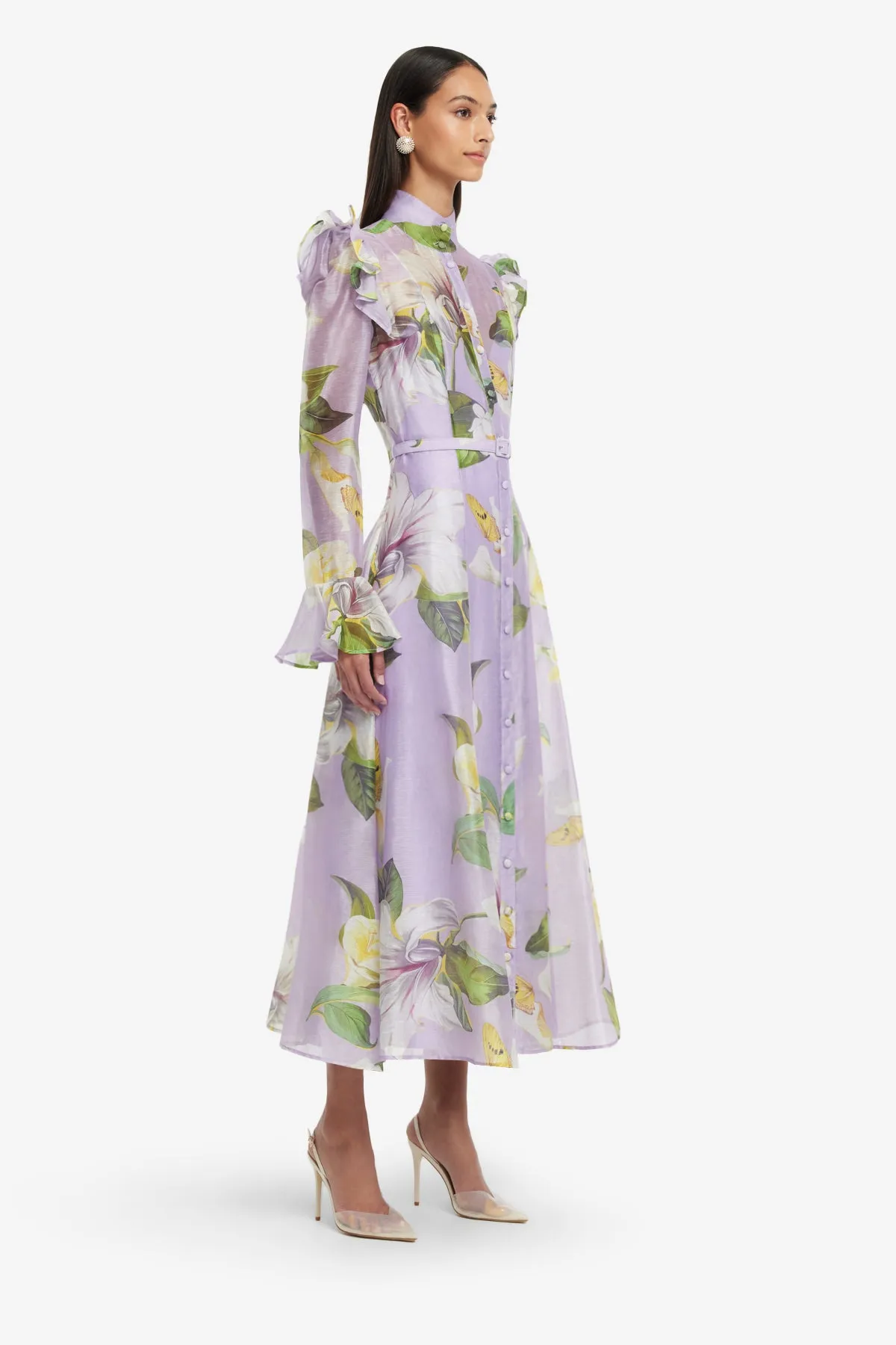 Katrina Butterfly Sleeve Midi Dress - Lily Blossom Print in Lilac sold by LEO LIN product image thumbnail 4