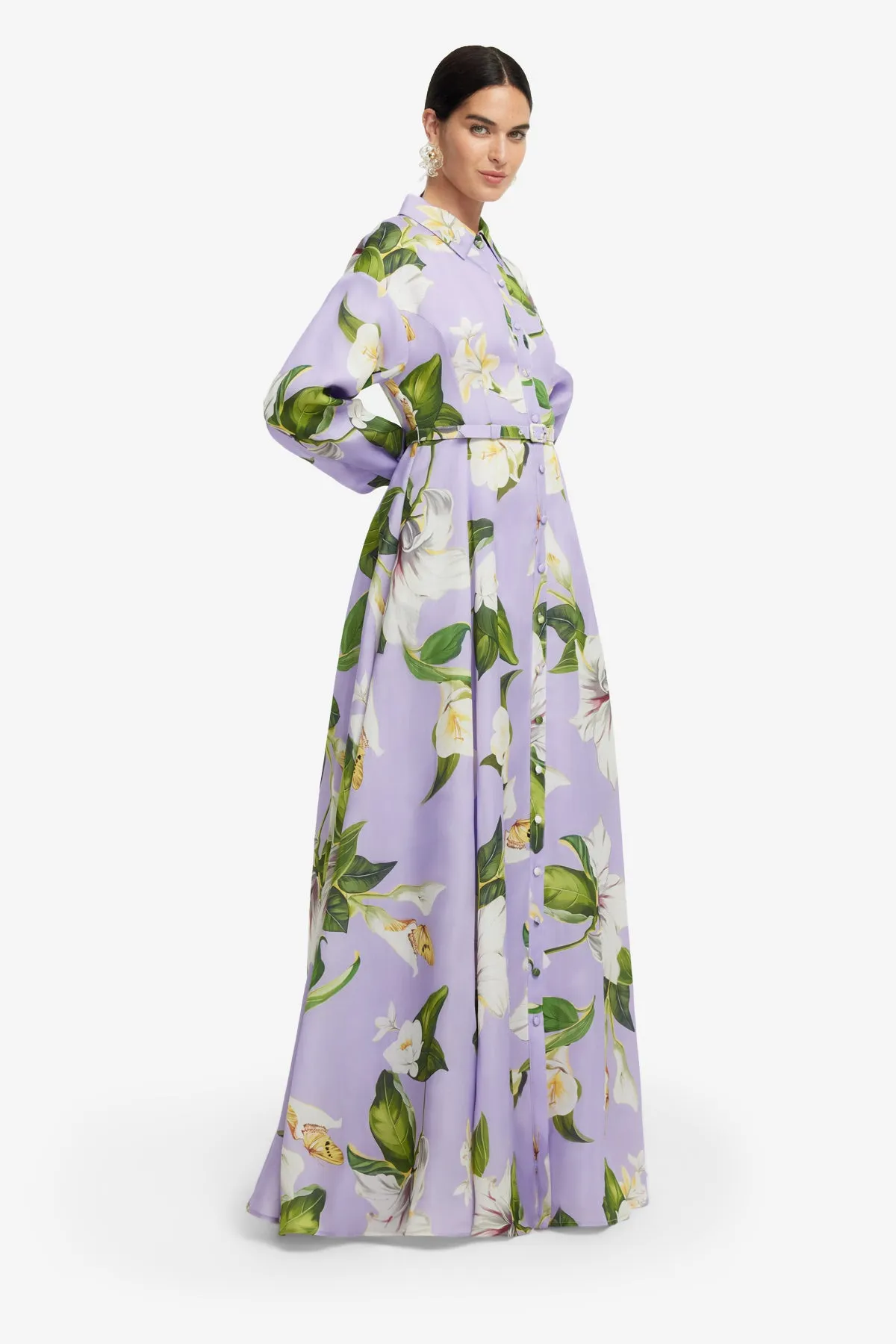 Josephine Silk Gown - Lily Blossom Print in Lilac sold by LEO LIN product image thumbnail 4